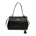 Chic black underarm bag in lychee texture leather with silver twist lock detail - Black