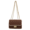 Borsa a tracolla trapuntata marrone scuro con bordi beige e catena in metallo dorato - Marrone