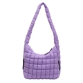 Detailed view of a trendy purple quilted bubble shoulder bag on a white background. - Purple