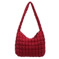 Fashionable red quilted bubble cloud shoulder bag made of lightweight nylon with wide strap - Red