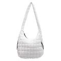 Detailed view of the white quilted puffy texture on this large capacity women's bubble tote bag. - White