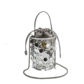 Fashionable silver sequin bucket bag with drawstring liner and metal chain strap - Silver (9388)