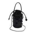 Sparkly black sequin bucket bag with silver chain strap and drawstring closure for women - Black (9388)