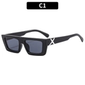 Modern black rectangle sunglasses with silver X detail on thick temples and dark lenses - Black Frame Gray Lens