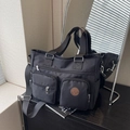 Schwarze Vintage-Tragetasche mit großer Kapazität, mehreren Taschen und Gurt - Einheitsgröße / Schwarz