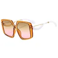 Large butterfly sunglasses with amber frame, pink gradient lenses and white wavy temples - Champagne Frame Tea Pink Gradient (C7)