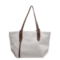 Minimalist cream woven PU leather tote bag with brown straps for casual daily use - Off-white
