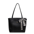 Bolso tote de cuero negro con costuras blancas y pañuelo decorativo de seda geométrico - Negro