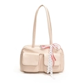 Minimalist cream PU leather shoulder bag with front double pockets and ribbon bow detail - White