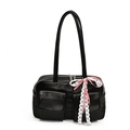 Black PU leather shoulder bag with twin pockets and a red checkered lace bow accent - Black