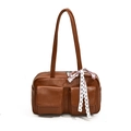 Brown bowling shoulder bag in smooth synthetic leather with white lace bow detail - Brown