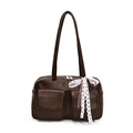 Dark brown PU leather shoulder bag featuring dual front flap pockets and white lace bow detail - Brown
