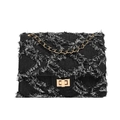 Black frayed denim quilted flap bag with gold chain strap and vintage metal lock - Black