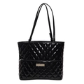 Bolso tote acolchado negro brillante con costuras de diamante y bolsillo frontal - Negro
