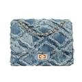 Light blue denim shoulder bag with fringe quilted pattern and gold chain strap - Blue