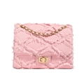 Pink frayed denim flap crossbody bag with quilted texture and gold chain strap - Pink