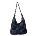 Bolso hobo denim azul oscuro con motivos florales de rosas blancas y correa de cadena plata - Azul oscuro