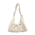 Bolso tote de lona beige con bolsillo con cordón y correa de hombro plisada suave - Blanco Roto