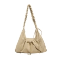 Bolso de hombro en nailon caqui con correa plisada y bolsillo frontal con cordón - Caqui