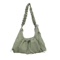 Sage green pleated nylon tote bag with drawstring pocket and wide ruched shoulder strap - Green