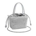 Funkelnde silberne Strass-Beuteltasche mit Kordelzug und feiner Gliederkette für Damen - Grau