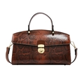 Brown snakeskin pattern faux leather tote bag with golden twist lock and round handles - Brown