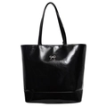Glossy black PU leather tote bag featuring a silver bow buckle and large capacity design - Black