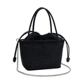 Black rhinestone bucket bag with drawstring closure and silver chain strap for women - Black