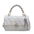 Iridescent quilted mini square bag with pearl handle and chain strap in silver finish - Laser Silver