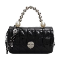 Chic black quilted leather crossbody bag featuring a pearl bead handle and silver lock - Black