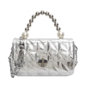 Quilted silver mini handbag with pearl handle and metal chain strap for women - Silver