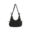 Black hobo shoulder bag with ruched strap and drawstring details for a chic look - Black