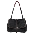 Borsa tote in denim nero con patta e fibbia in metallo ideale per studentesse - Nero