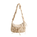 Sac hobo chic en nylon beige avec bretelles à volants et nœuds décoratifs - Blanc
