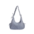 Hobo style shoulder bag in light grey-blue nylon with pleated texture and drawstring detail - Gray