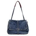 Borsa tote in denim lavato retrò con manico in pelle e chiusura in metallo - Blu
