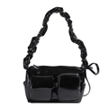 Black glossy PU leather shoulder bag with scrunchie strap and dual front pockets - Black
