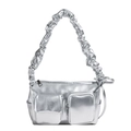 Borsa a luna argento metallizzato con tasche cargo e tracolla con pieghe chic - Argento