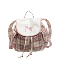 Zaino in tela a quadretti rosa con patta bianca, ricamo a fiocco e tasche laterali - Bianco Sporco