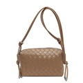 Fashionable tan woven crossbody pillow bag for women with leather knots and metal zip - Khaki
