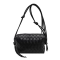 Elegant black woven leather crossbody bag with minimalist top zipper and knot detail - Black