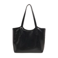 Front view of a minimalist black glossy patent leather tote bag with subtle logo - Black