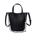 Black litchi-textured bucket bag with stylish white bead chain and shoulder strap - Black