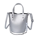 Silver metallic bucket bag with chain handle and white marble bead charms on white background - Silver