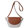 Borsa a tracolla estiva in paglia bianca con patta in pelle marrone e borchie - Bianco Sporco