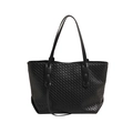Bolso tote clásico de cuero trenzado negro con correas largas y gran capacidad - Negro