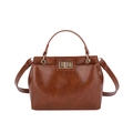 Retro brown faux leather handbag with metal turn-lock and adjustable shoulder strap - Brown