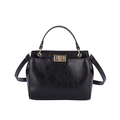 Classic black glossy faux leather handbag with gold twist lock and elegant handle - Black