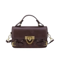 Deep brown quilted leather handbag with vintage gold rotary lock and top handle - Brown