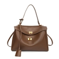 Minimalistische braune Leder-Schultertasche mit Goldverschluss auf weißem Grund - Braun
